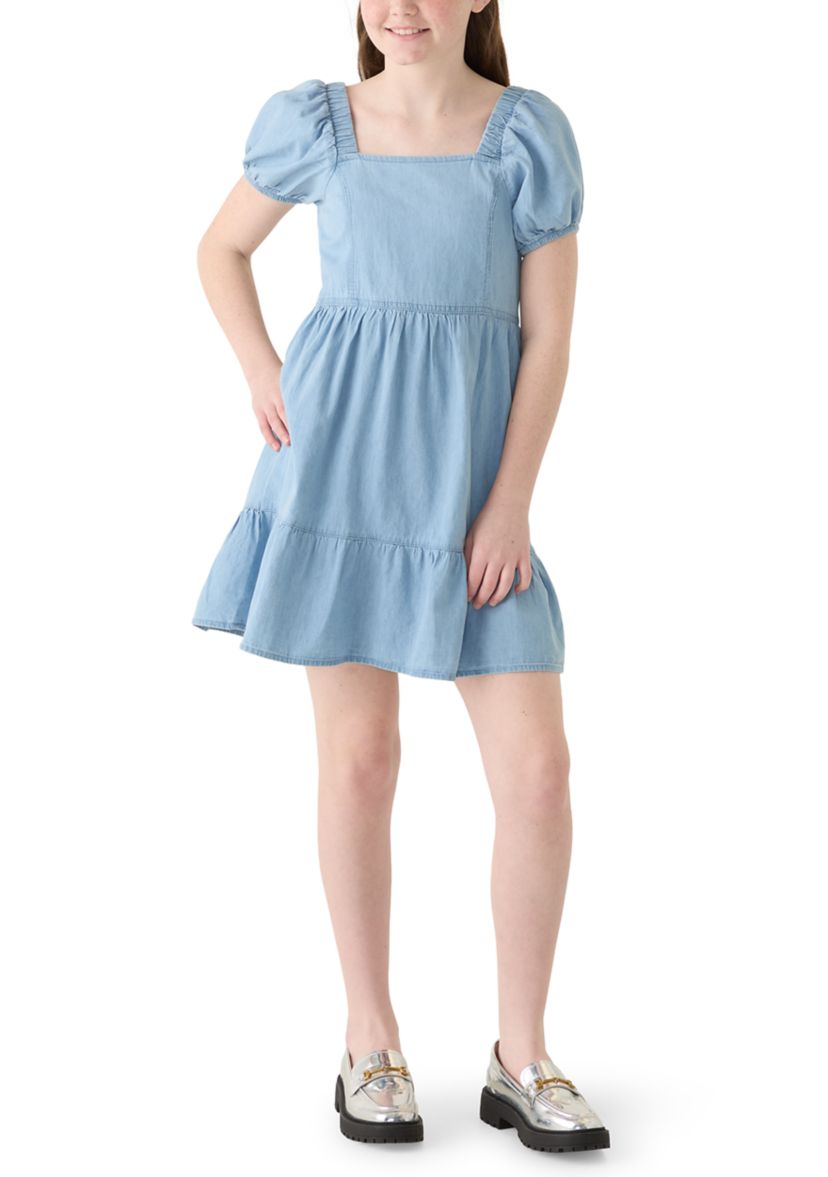 tommy hilfiger denim dress Bubble Sleeve Alex & Sophia Juniors' formality:black-tie Belted denim Button closure Kid Size:7-8T