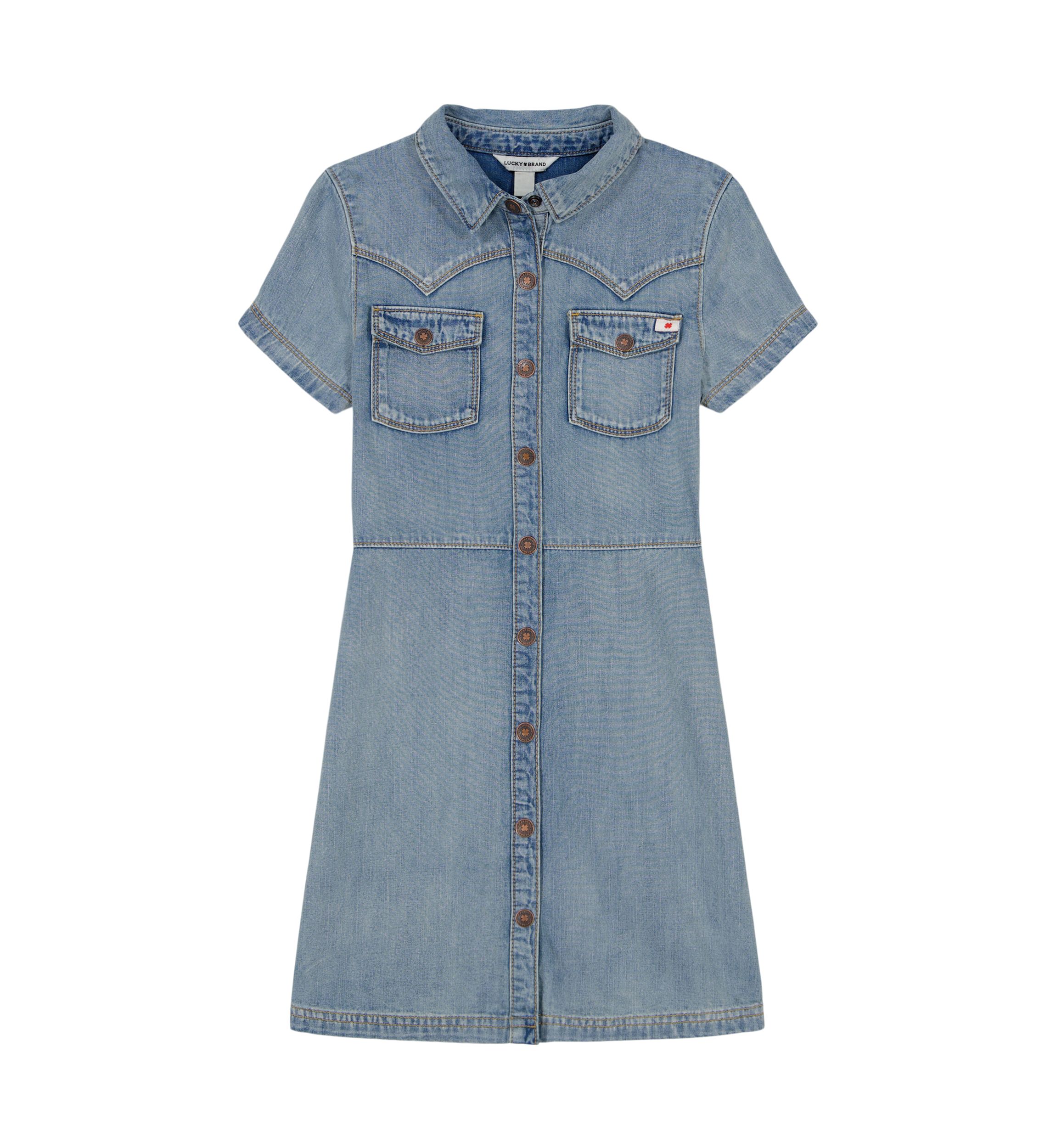 Girls 7-16 Short Sleeve Denim Dress