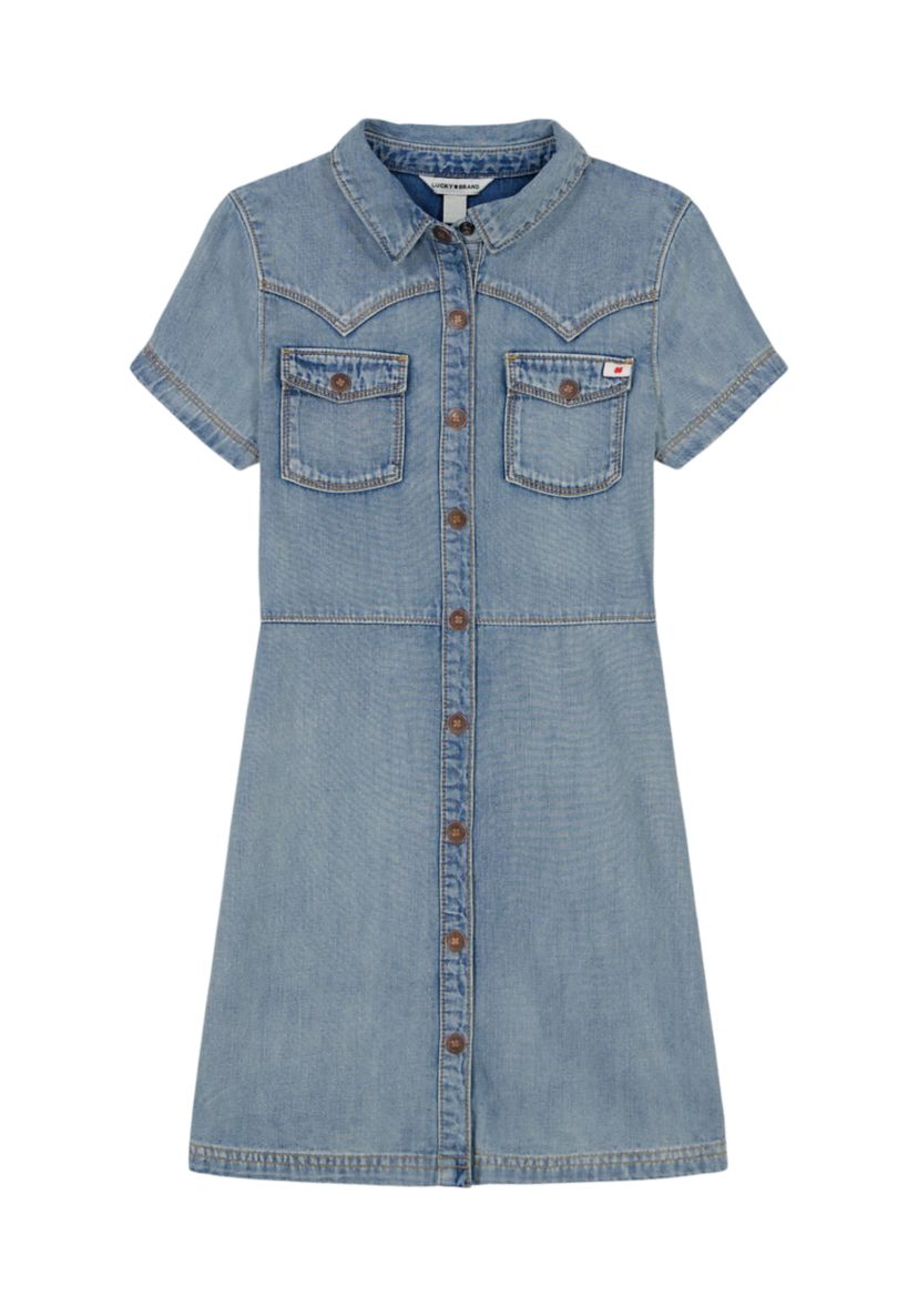 Girls 7-16 Short Sleeve Denim Dress