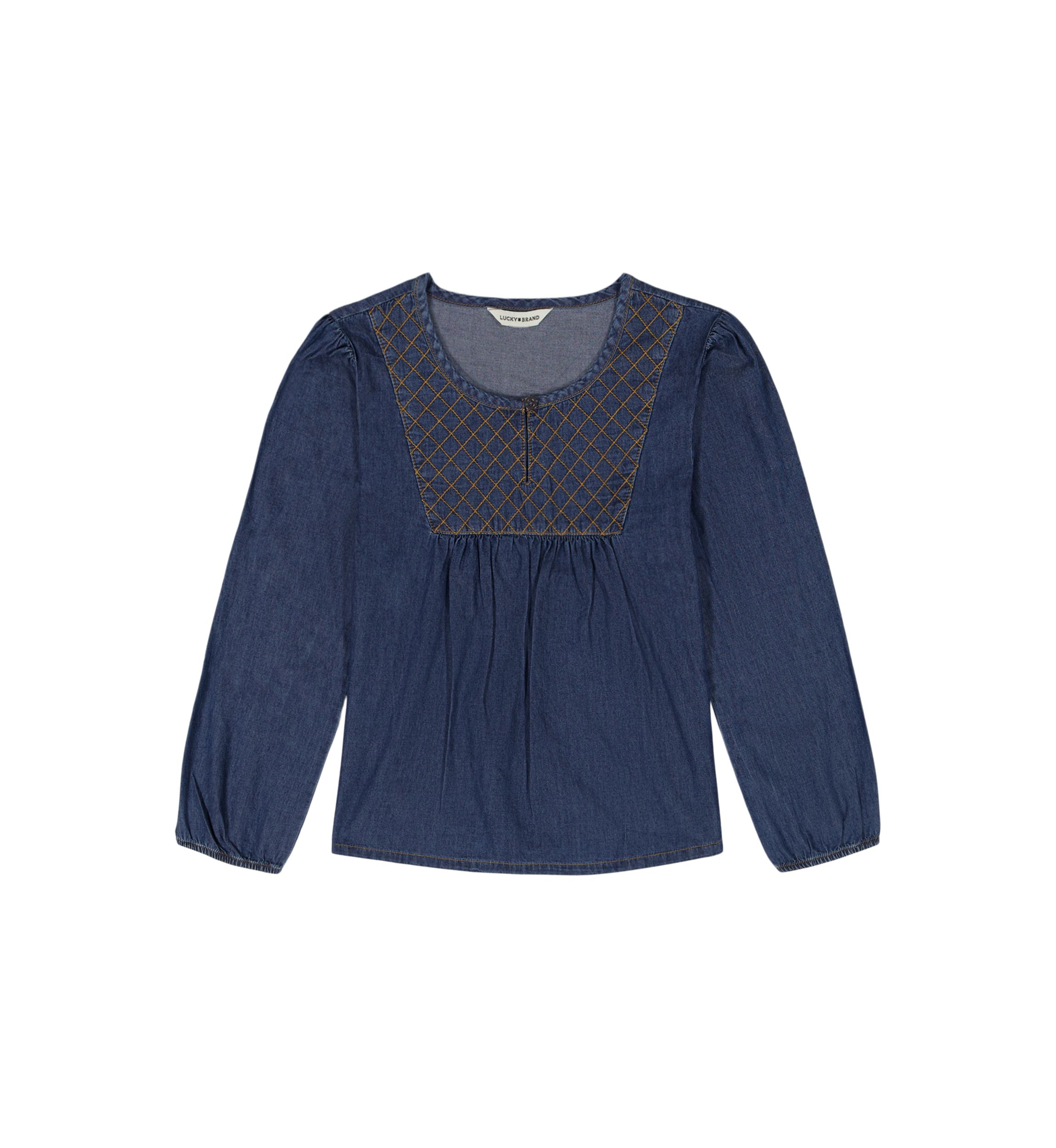 Girls 7-16 Long Blouson Sleeve Denim Babydoll Top 