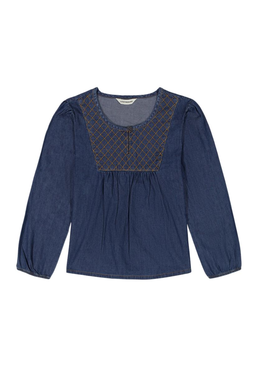 Girls 7-16 Long Blouson Sleeve Denim Babydoll Top 