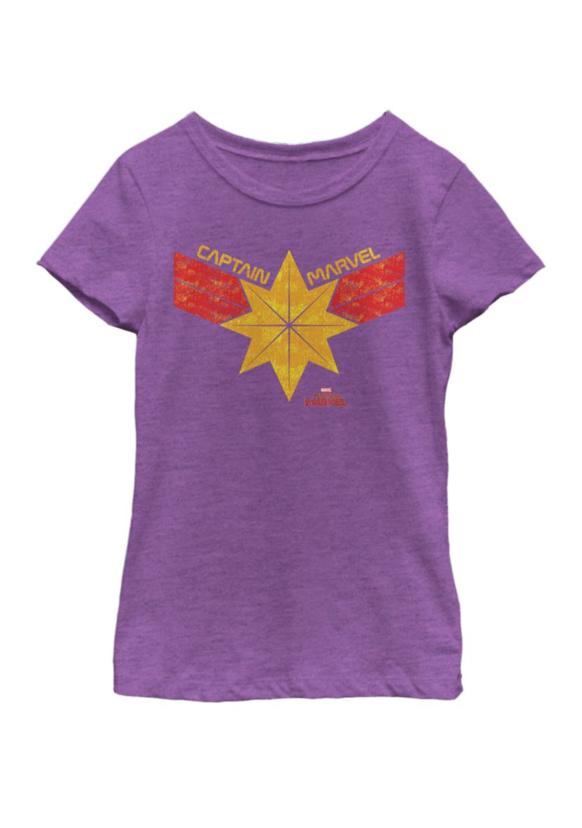 Girls Captain Marvel Distressed Star Ribbon Logo Short Sleeve Graphic T-Shirt