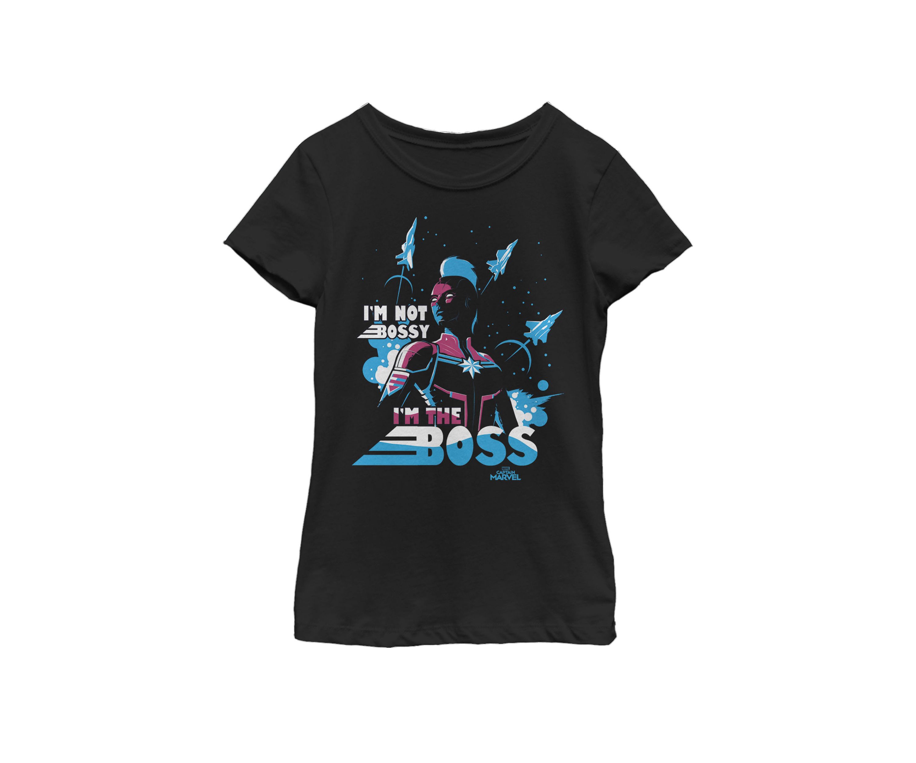 Girls Captain Marvel Im The Boss Space Blue Red Short Sleeve Graphic T-Shirt