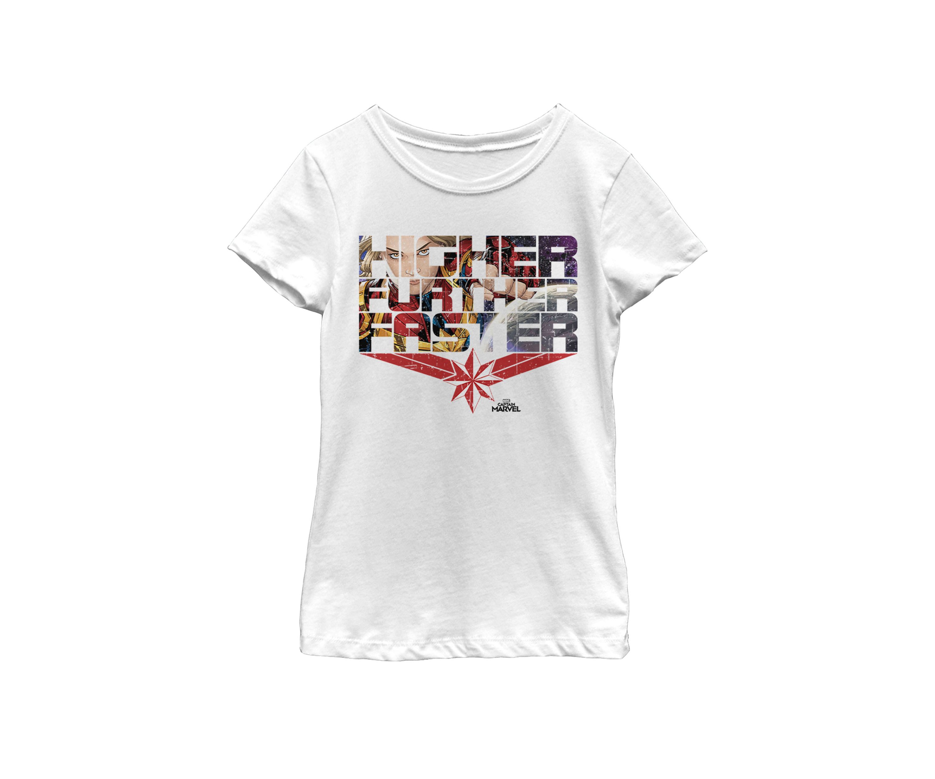 Girls Captain Marvel Higher Faster Further Word Fill Short Sleeve Graphic T-Shirt