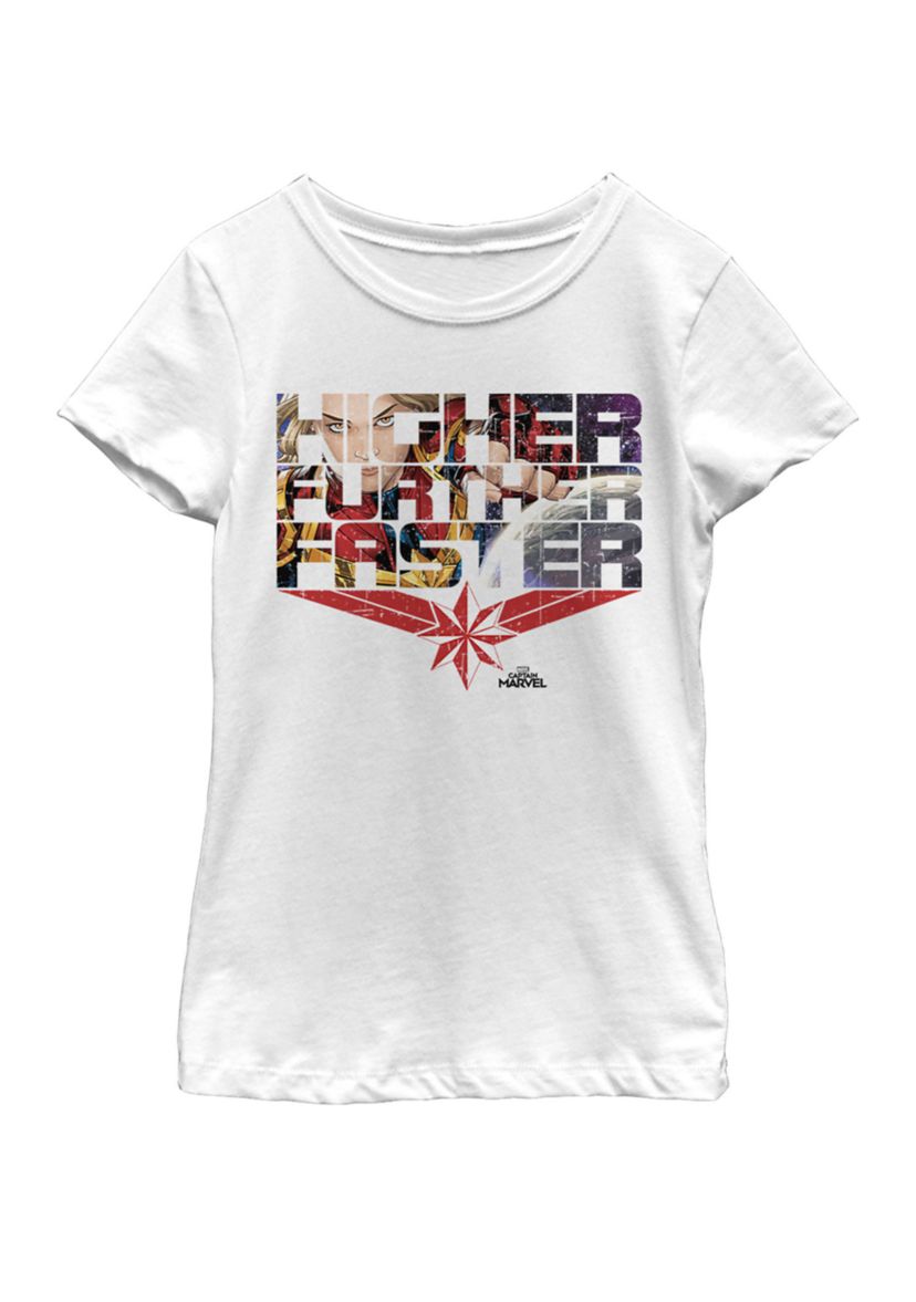 Girls Captain Marvel Higher Faster Further Word Fill Short Sleeve Graphic T-Shirt