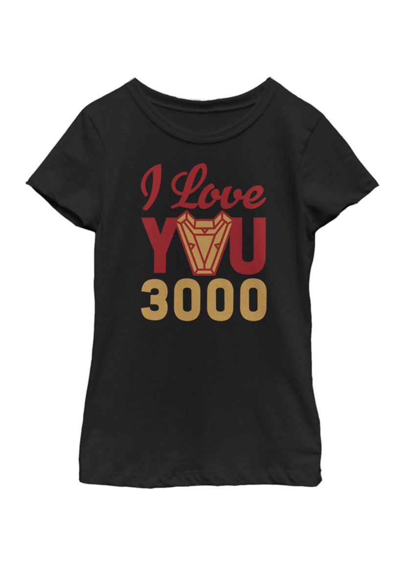 Girls 7-16 Avengers Endgame Iron Man I Love You 3000 Red Yellow Logo Short Sleeve T-Shirt