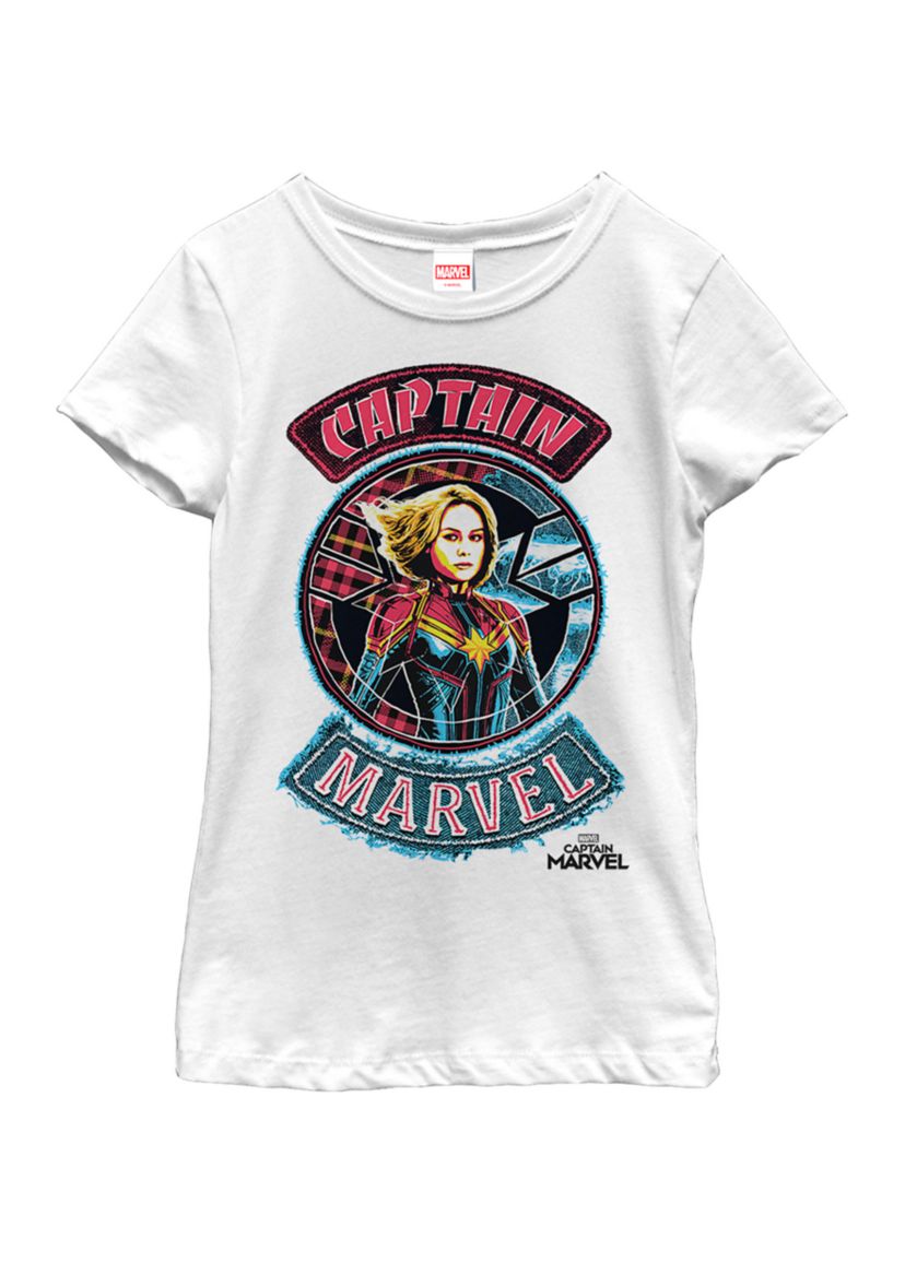 Girls Captain Marvel Stitched Patched Portrait Short Sleeve Graphic T-Shirt
