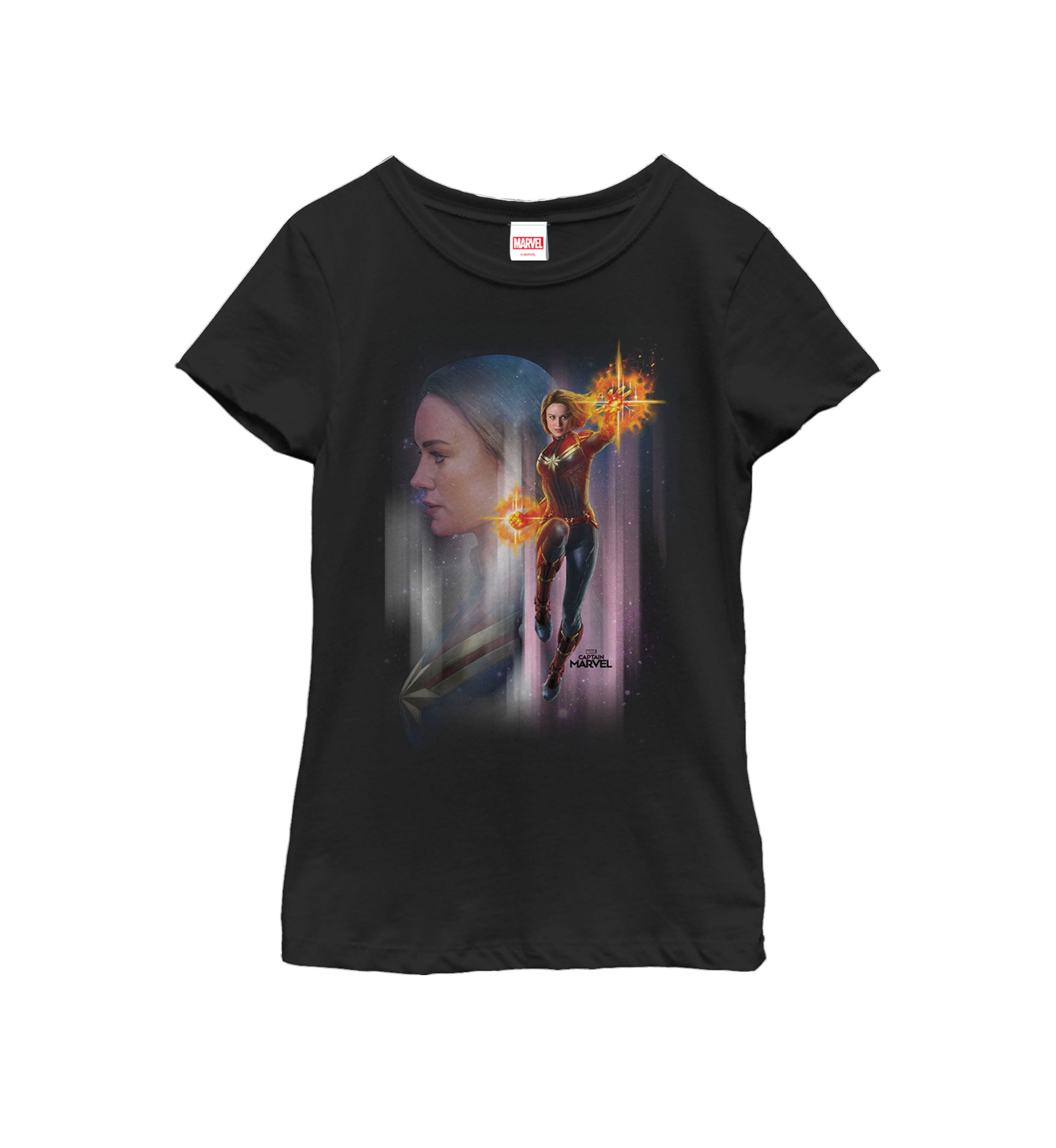 Girls 7-16 Captain Marvel Flying Space Portrait Short Sleeve T-Shirt