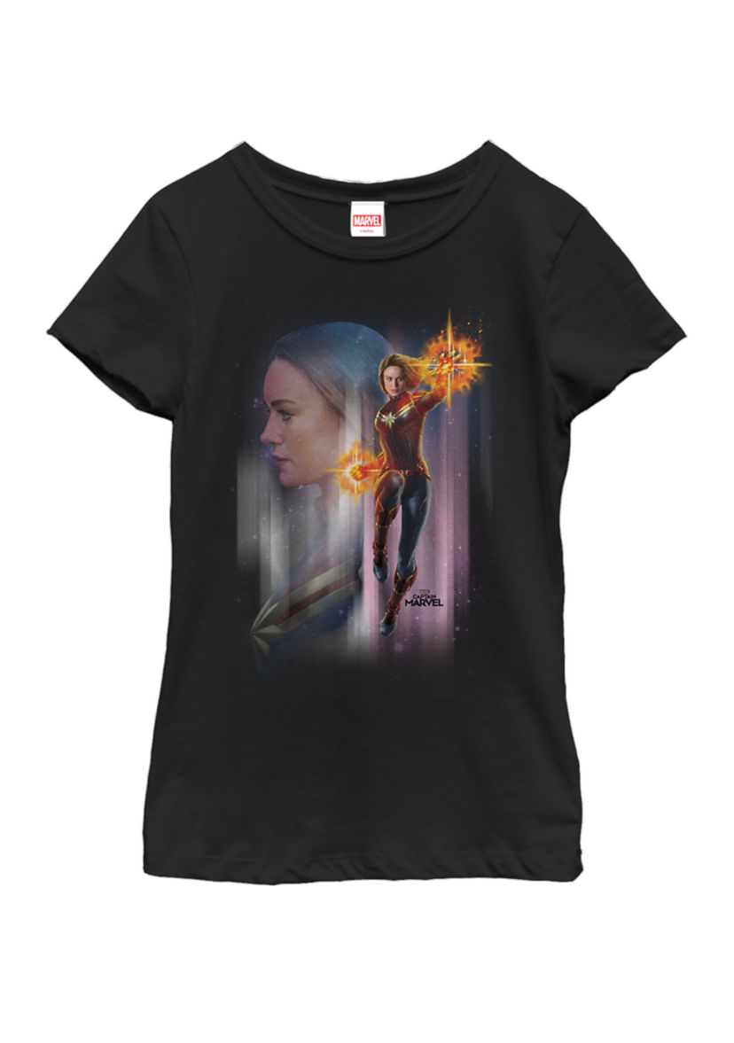 Girls 7-16 Captain Marvel Flying Space Portrait Short Sleeve T-Shirt