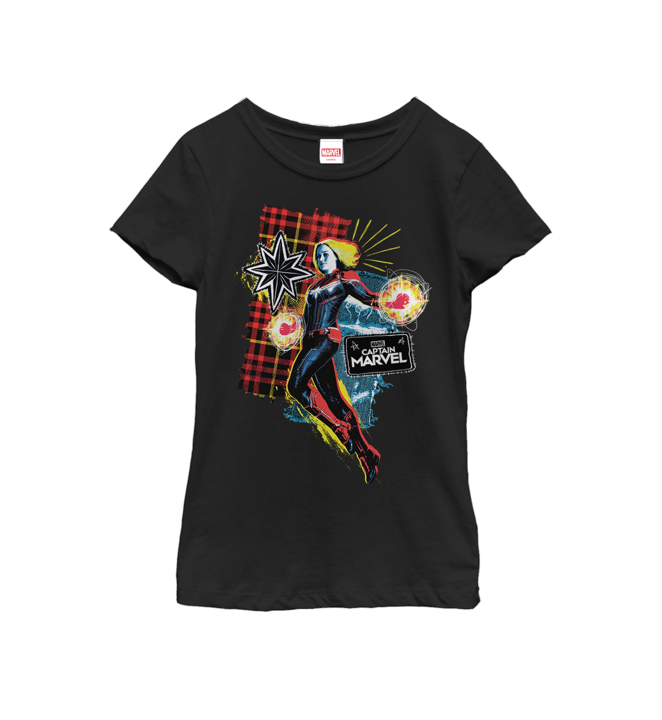Girls Captain Marvel Plaid Jean Patched Portrait Short Sleeve Graphic T-Shirt