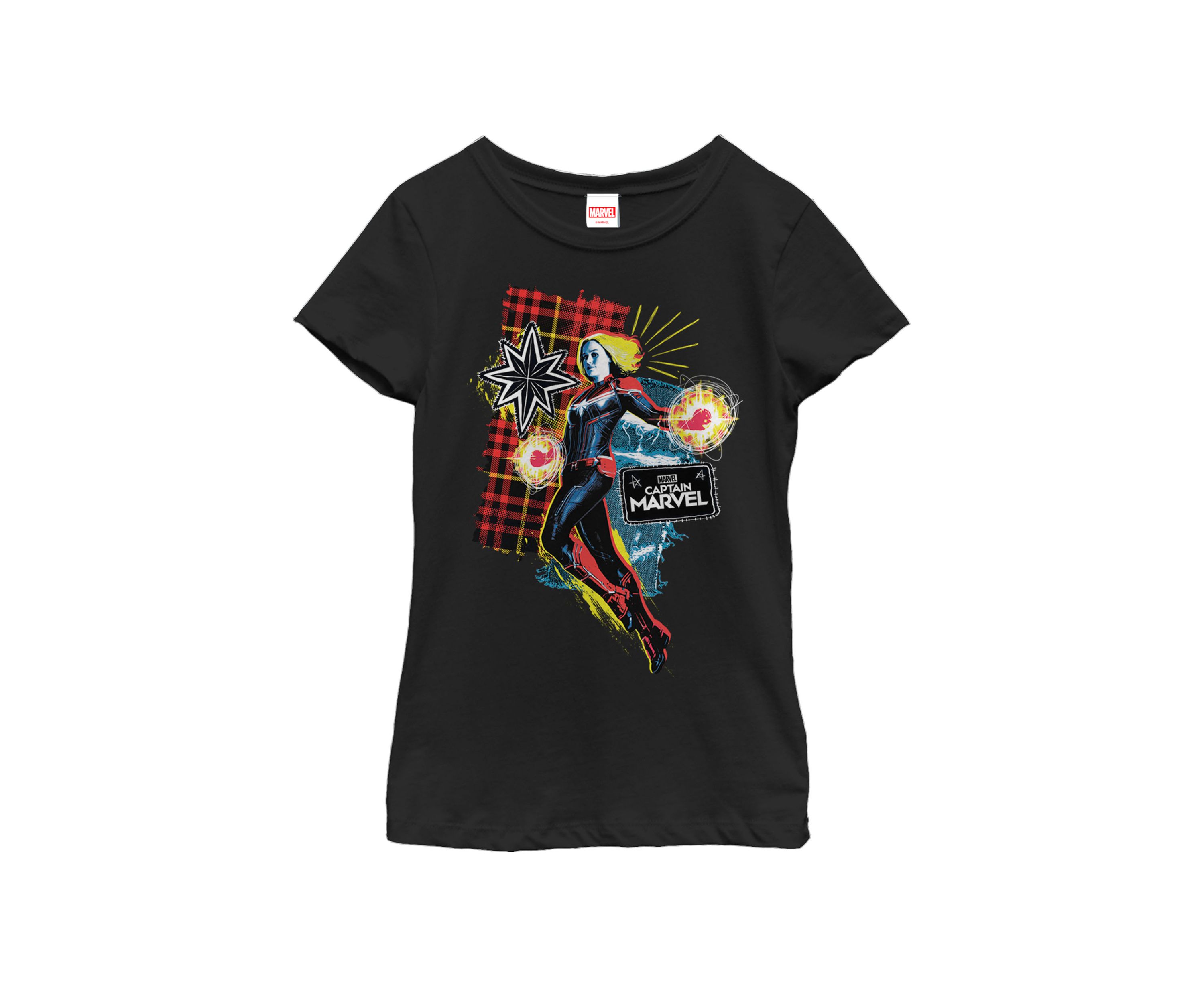 Girls Captain Marvel Plaid Jean Patched Portrait Short Sleeve Graphic T-Shirt