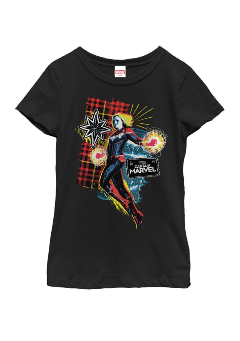 Girls Captain Marvel Plaid Jean Patched Portrait Short Sleeve Graphic T-Shirt
