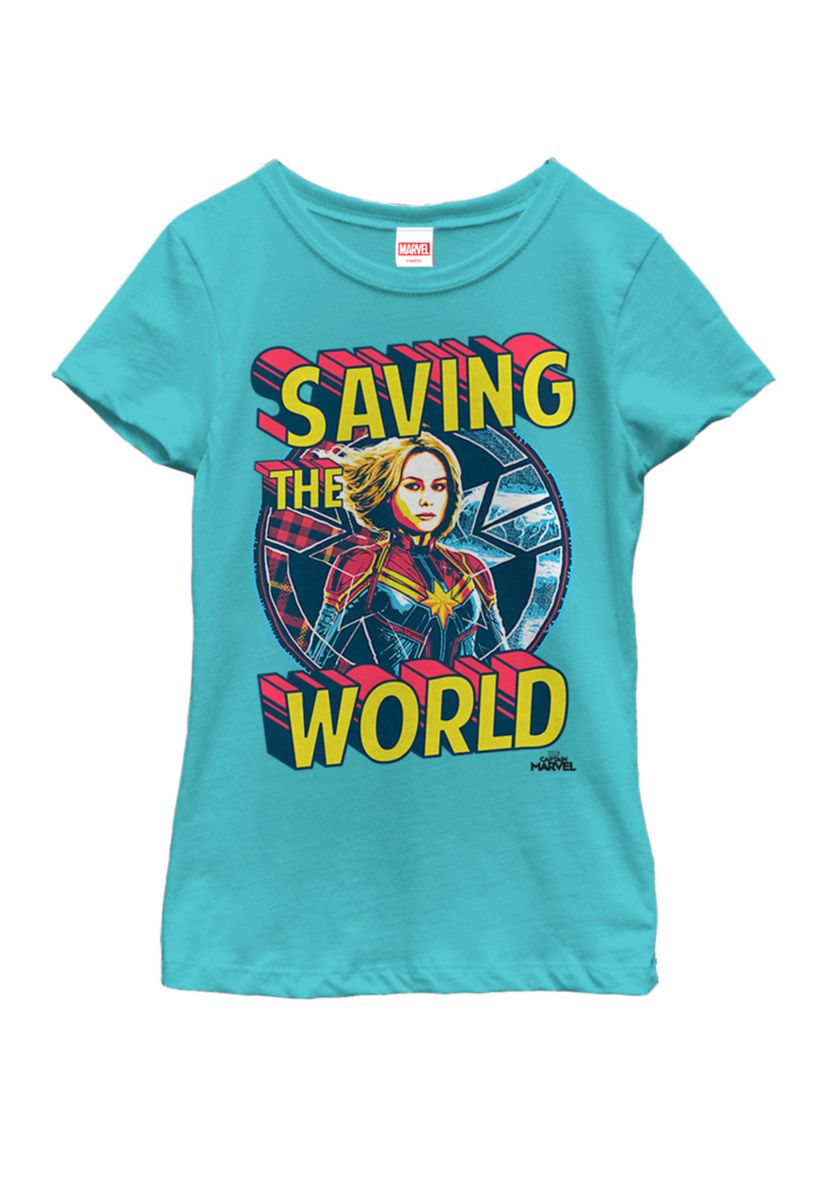 Girls Captain Marvel Saving The World Portrait Short Sleeve Graphic T-Shirt
