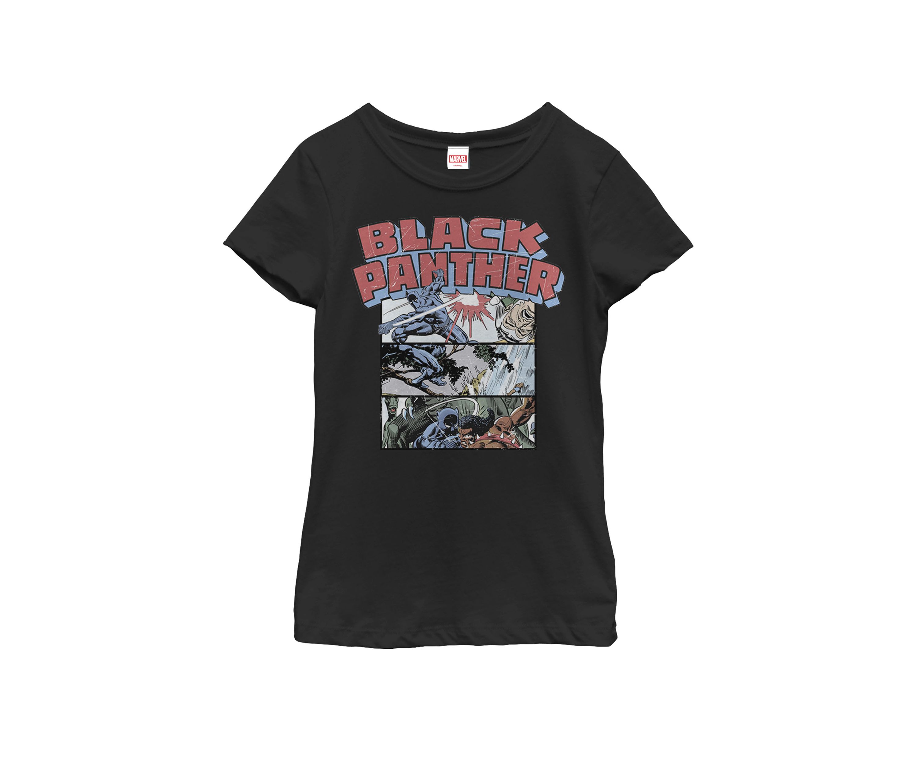 Girls 7-16 Black Panther Retro Comic Stacked Panel Art Short Sleeve T-Shirt