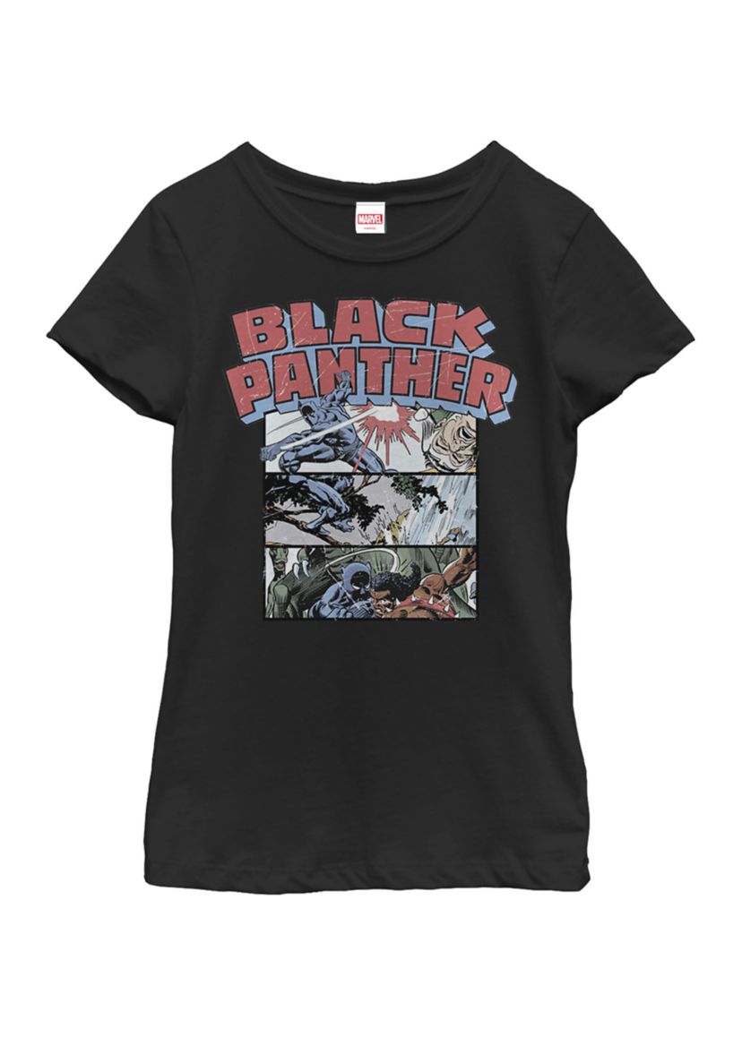 Girls 7-16 Black Panther Retro Comic Stacked Panel Art Short Sleeve T-Shirt