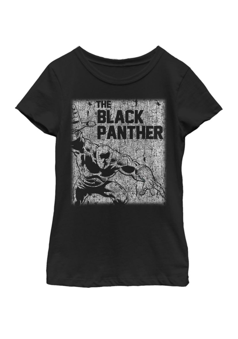 Girls Black Panther Chalk Print Vintage Short Sleeve Graphic T-Shirt