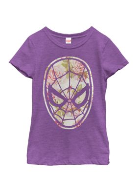 Marvel Girls Spider-Man Floral Print Short Sleeve Graphic T-Shirt, Purple, XSmall
