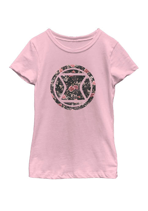 Girls Black Widow Logo Floral Pattern Icon Short Sleeve Graphic T-Shirt