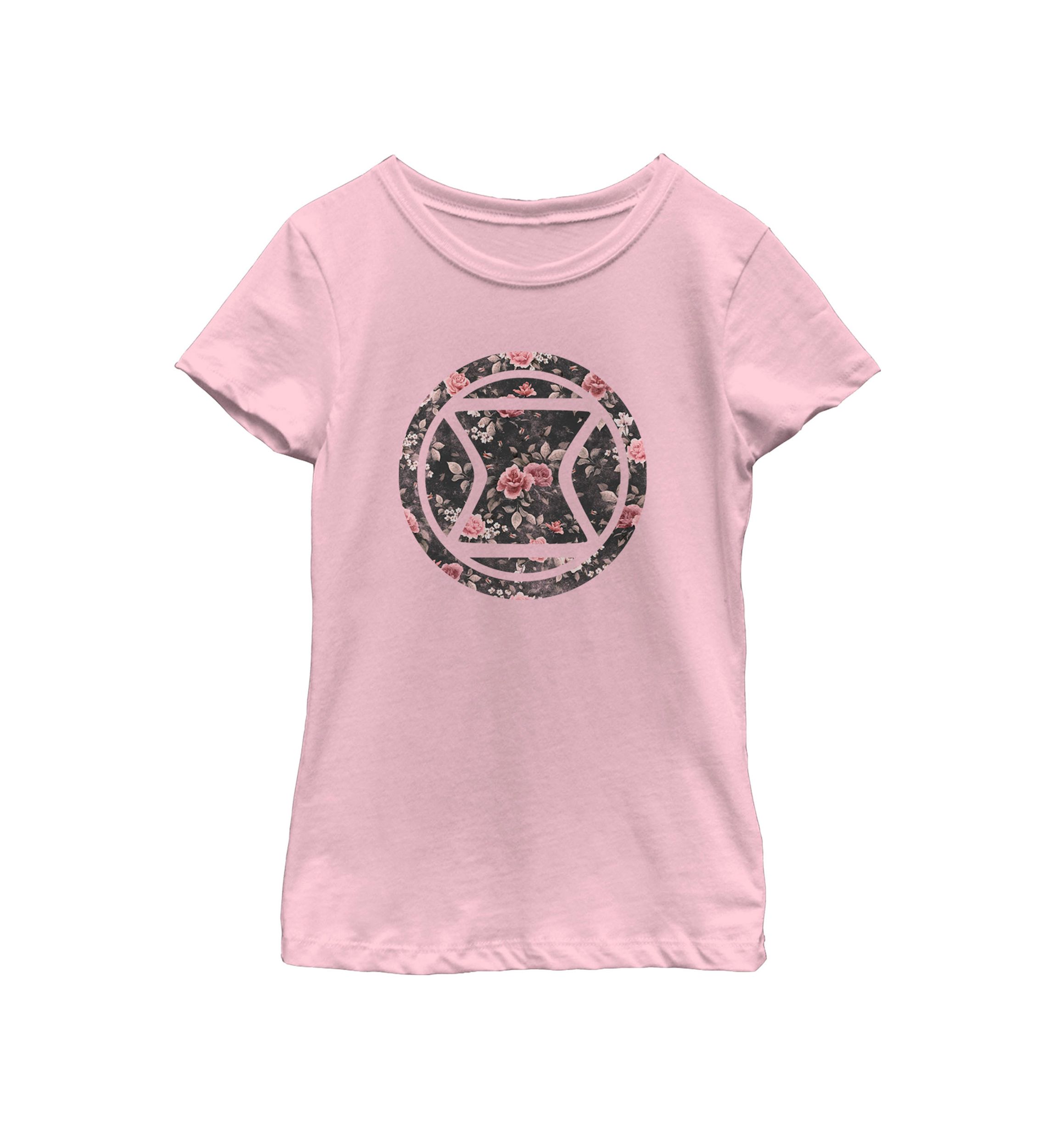 Girls Black Widow Logo Floral Pattern Icon Short Sleeve Graphic T-Shirt