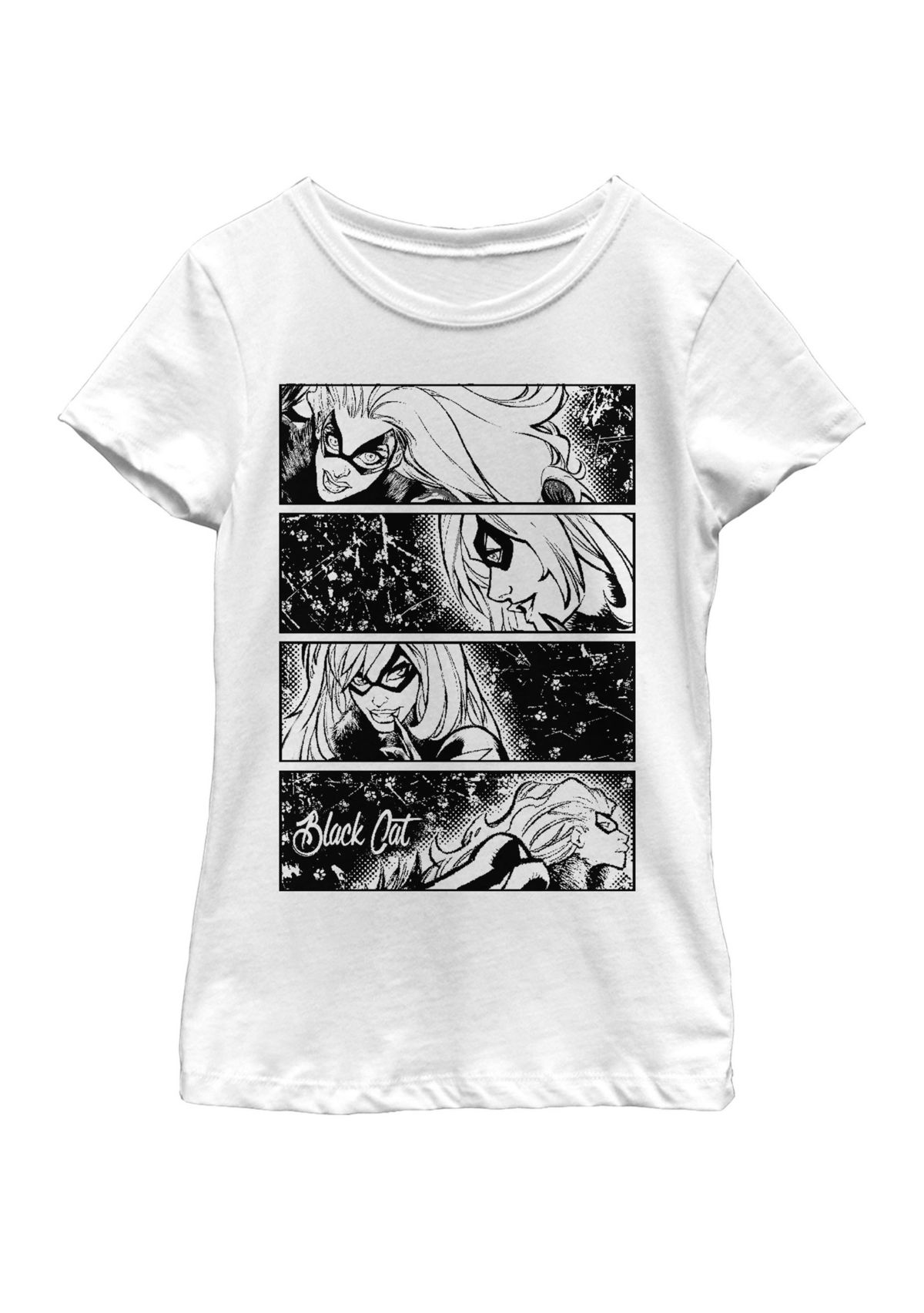 Girls Black Cat Tonal Comic Four Panel Art Short Sleeve Graphic T-Shirt