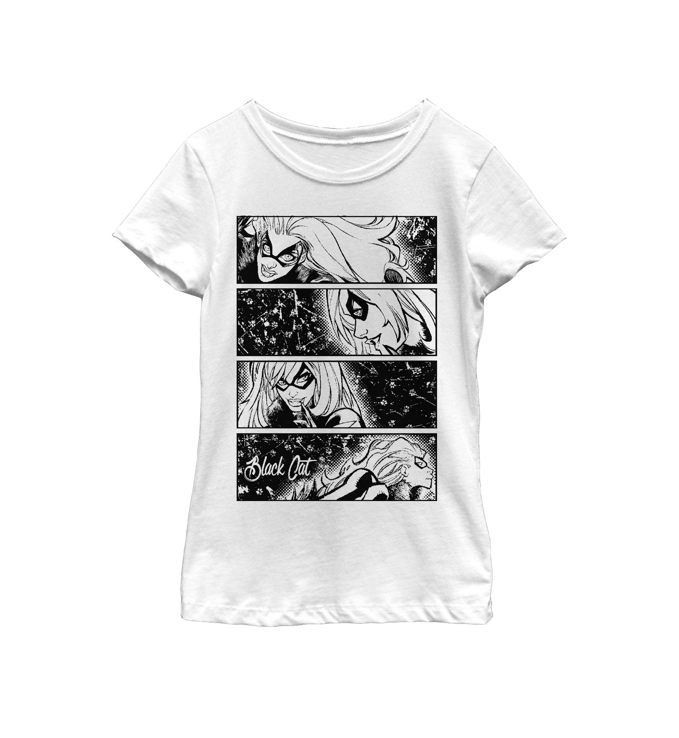 Girls Black Cat Tonal Comic Four Panel Art Short Sleeve Graphic T-Shirt