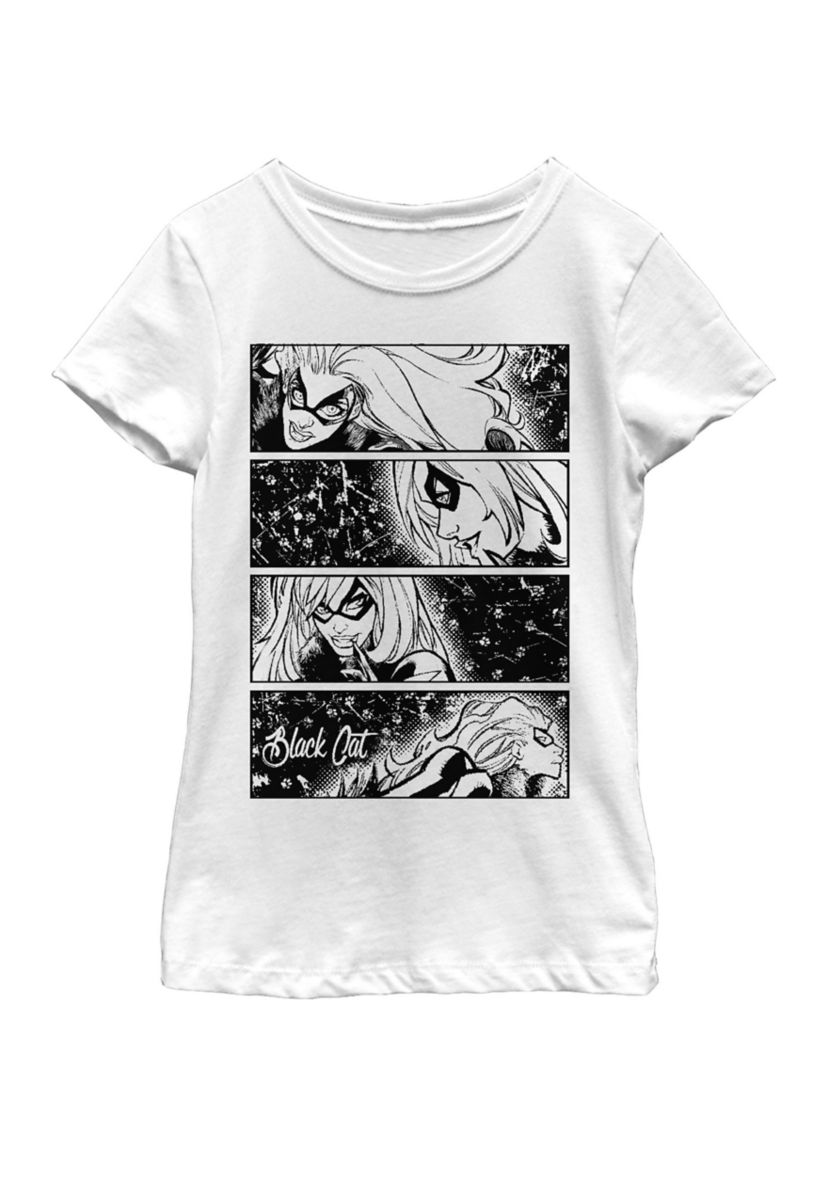 Girls Black Cat Tonal Comic Four Panel Art Short Sleeve Graphic T-Shirt