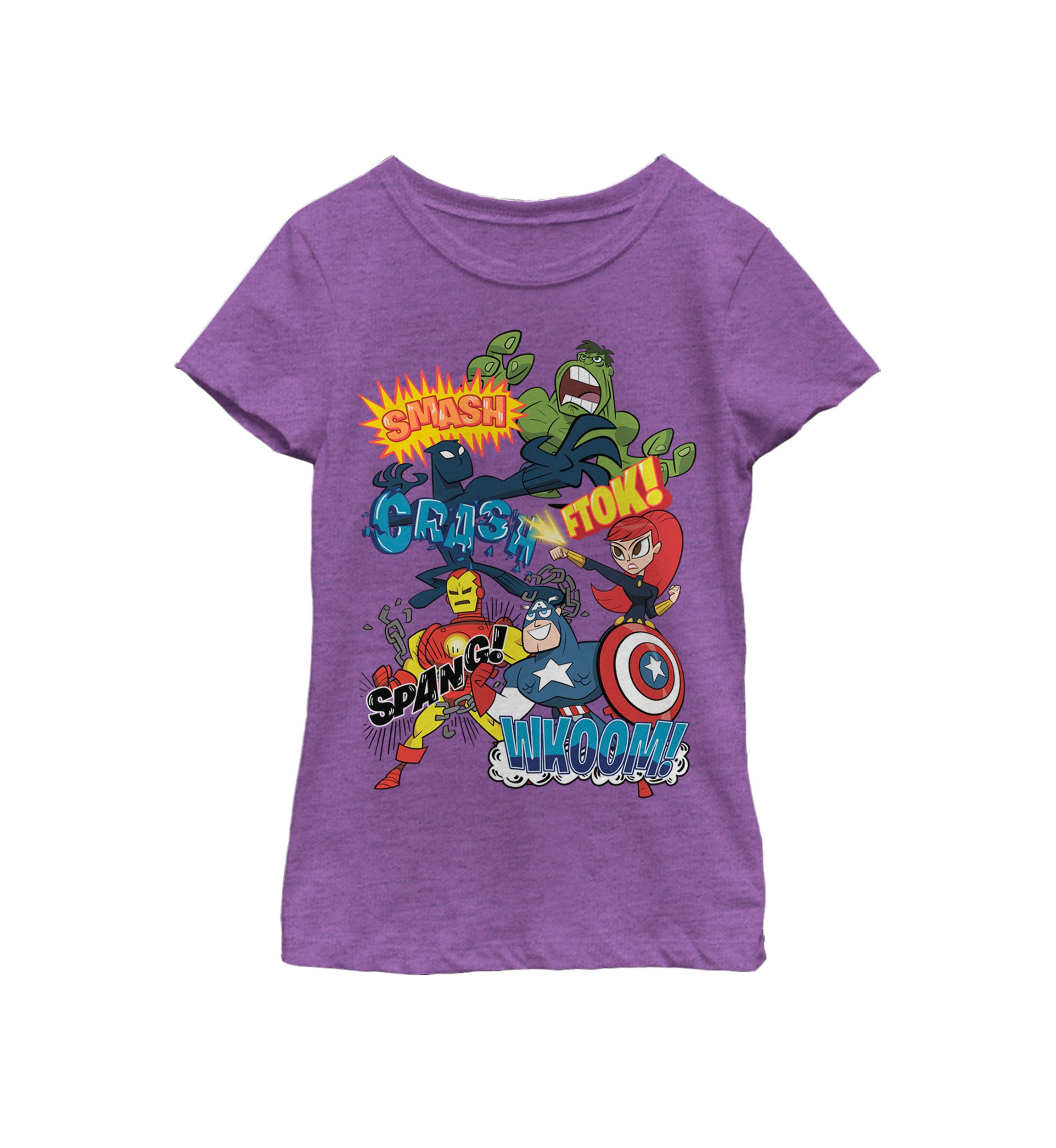 Girls 7-16 Avengers Retro Cartoon Animated Sound Effect Short Sleeve Graphic T-Shirt
