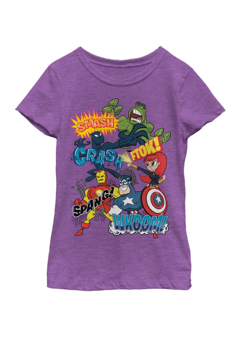 Girls 7-16 Avengers Retro Cartoon Animated Sound Effect Short Sleeve Graphic T-Shirt