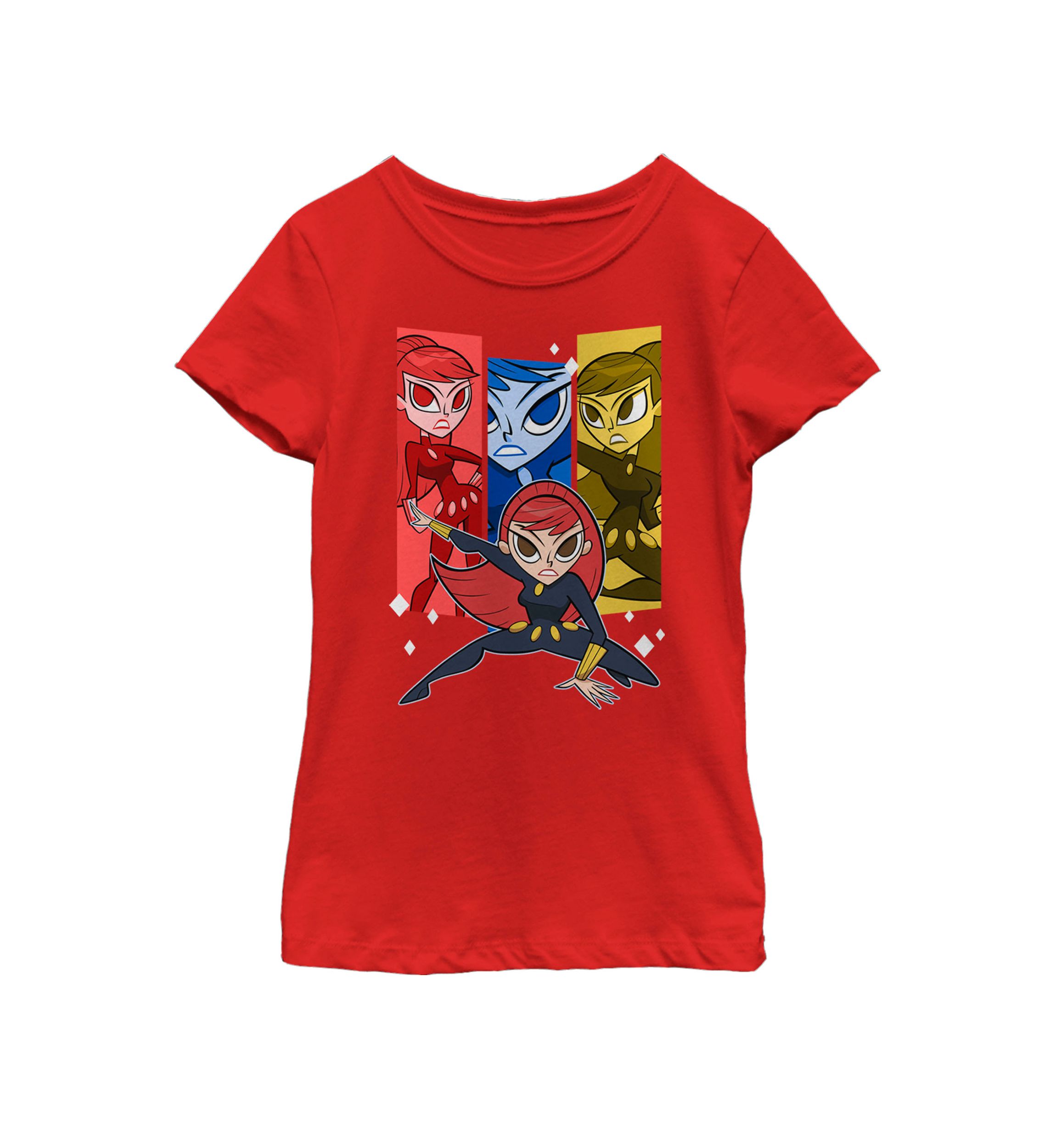 Girls Black Widow Action Stance Colorful Portrait Panels Short Sleeve Graphic T-Shirt