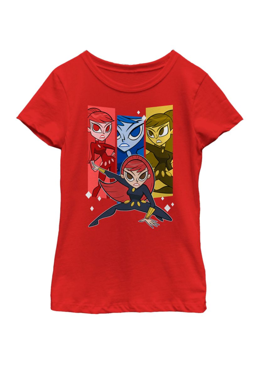 Girls Black Widow Action Stance Colorful Portrait Panels Short Sleeve Graphic T-Shirt