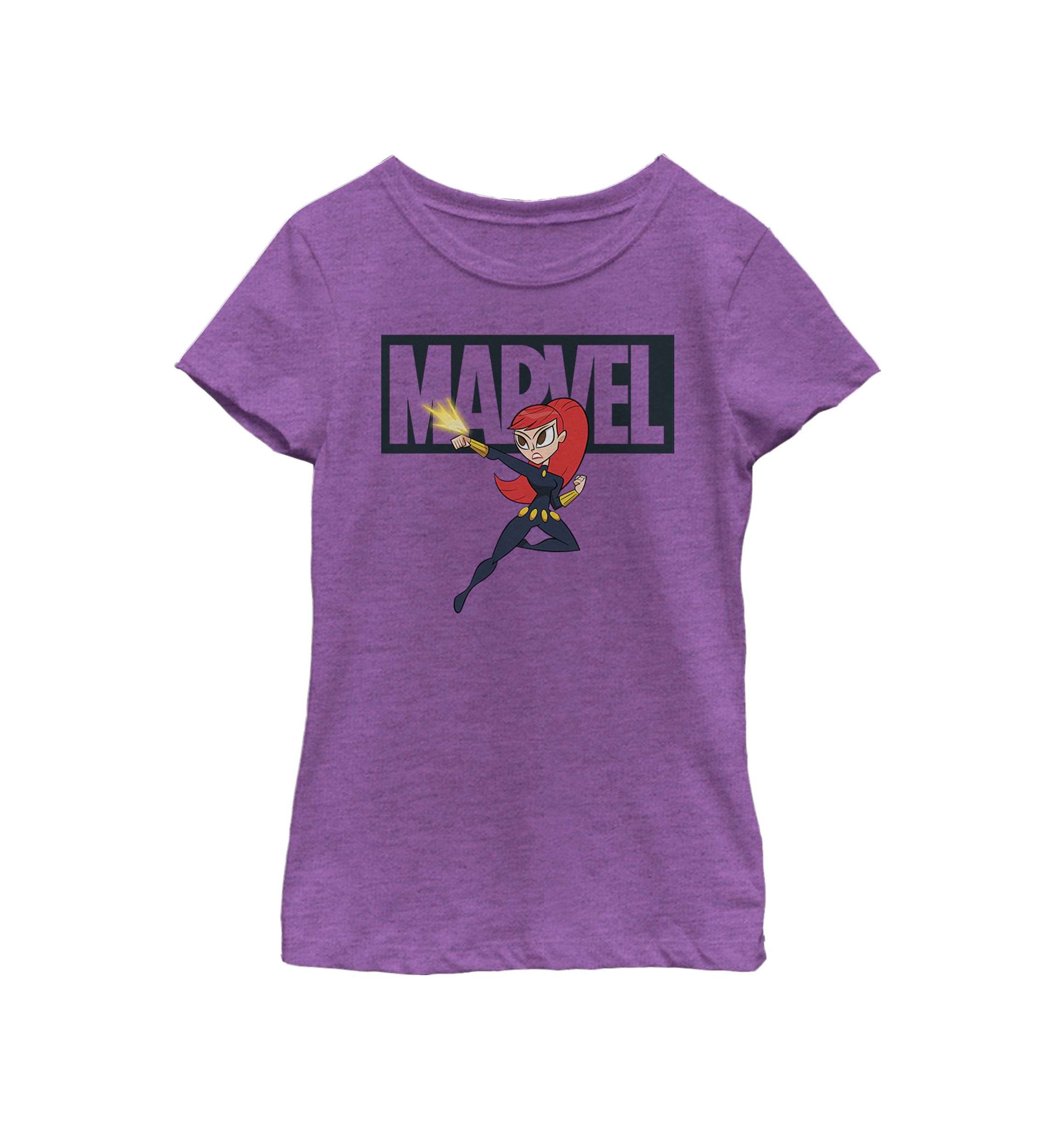 Girls 7-16 Black Widow Chibi Action Pose Logo Outline Short Sleeve Graphic T-Shirt