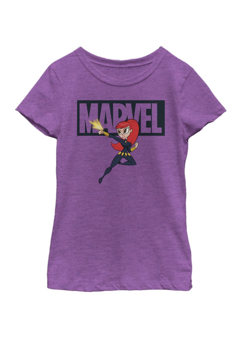 Girls 7-16 Black Widow Chibi Action Pose Logo Outline Short Sleeve Graphic T-Shirt