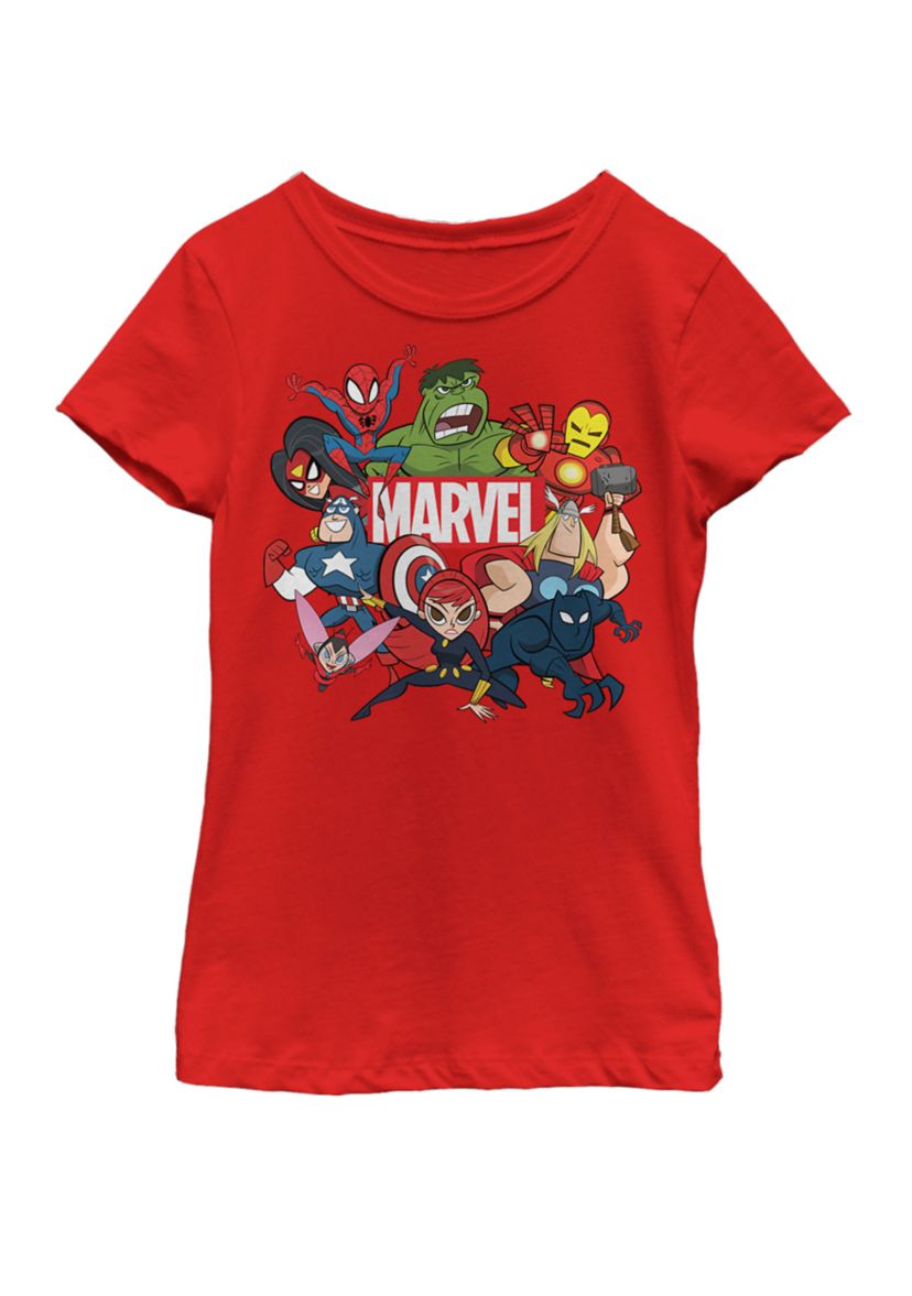 Girls 7-16 Avengers Cartoon Action Collage Group Shot Short Sleeve Graphic T-Shirt