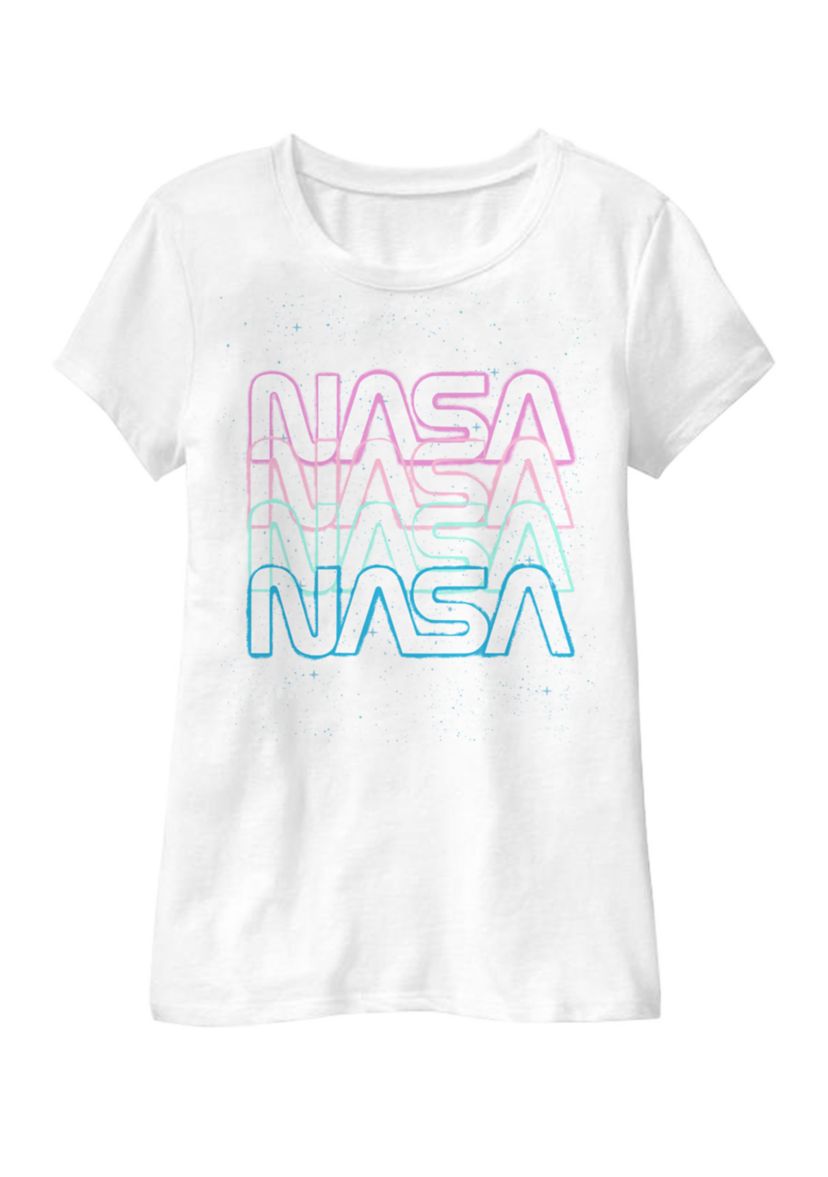 Girls 7-16 Repeating Rainbow Logo Stars Retro Vintage Short Sleeve Graphic T-Shirt