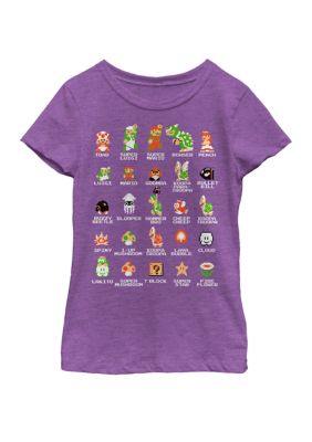 Nintendo Girls 7-16 Super Mario 8-Bit Pixel Icons List Vintage Short Sleeve Graphic T-Shirt, Purple, XSmall