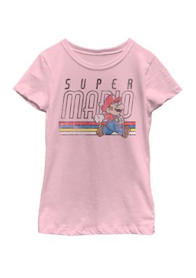 Nintendo Girls 7-16 Super Mario Retro Stripe Walk Short Sleeve T-Shirt, Pink, Small