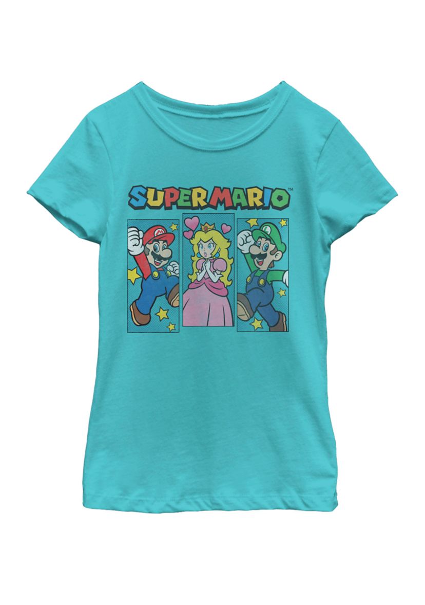 Girls 7-16 Super Mario Classic Trio Panel Poster Short Sleeve Graphic T-Shirt