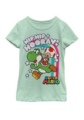 Nintendo Girls 7-16 Super Mario Yoshi And Toad Hip Hip Hooray Rainbow Short Sleeve Graphic T-Shirt, Mint, XSmall