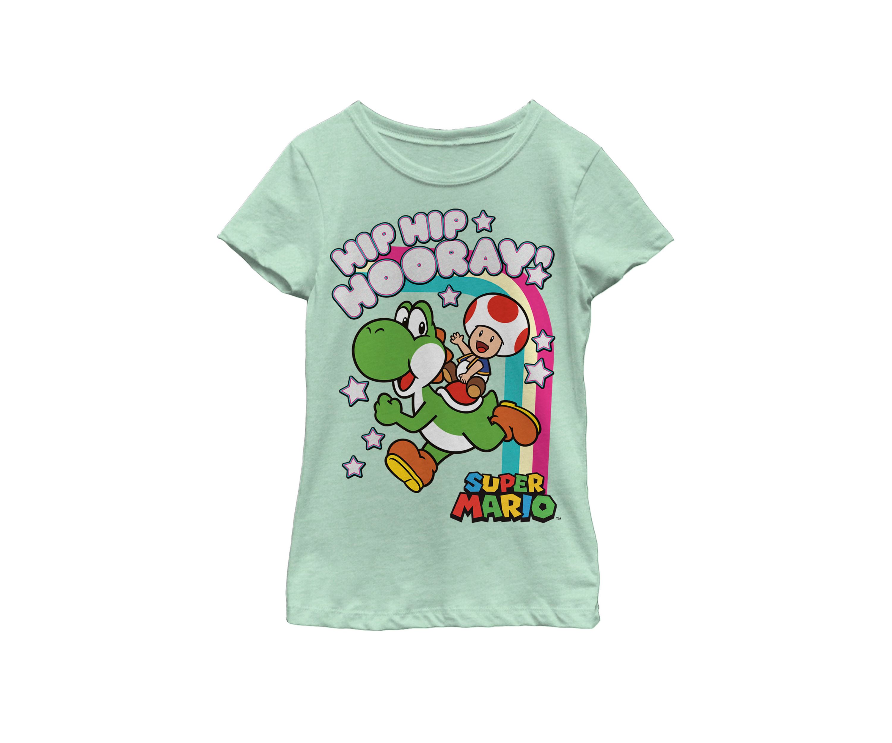Girls 7-16 Super Mario Yoshi And Toad Hip Hip Hooray Rainbow Short Sleeve Graphic T-Shirt