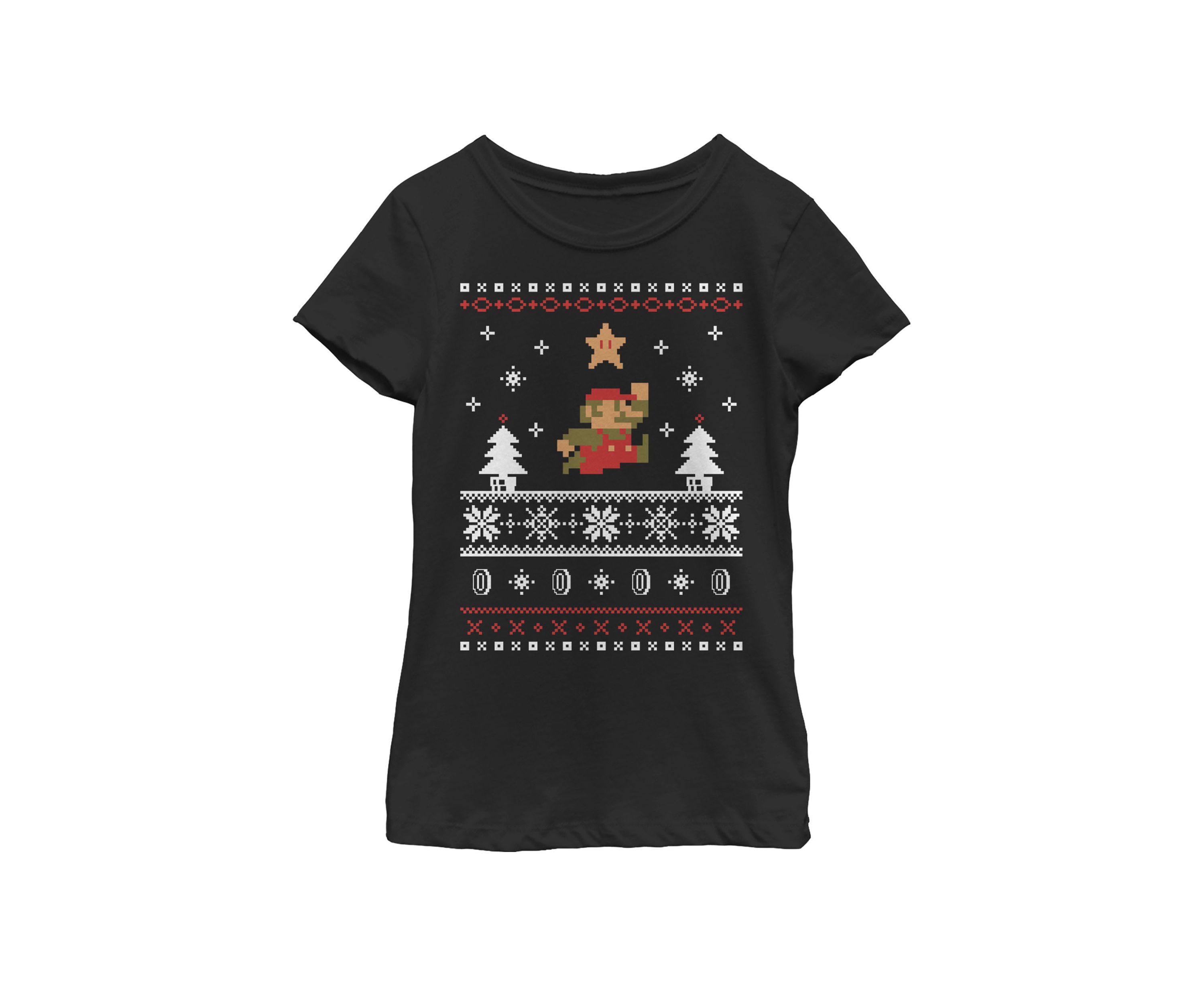 Girls 7-16 Super Mario Christmas Star Pixels Short Sleeve Graphic T-Shirt