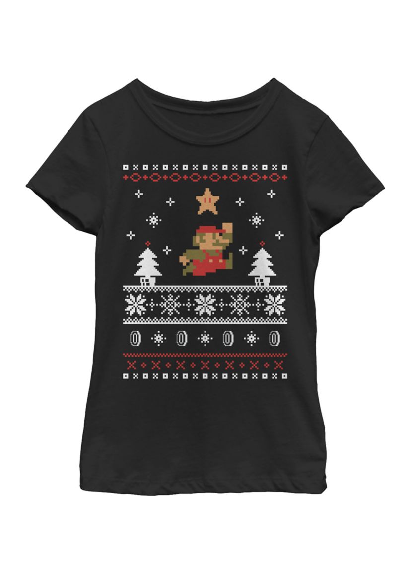 Girls 7-16 Super Mario Christmas Star Pixels Short Sleeve Graphic T-Shirt