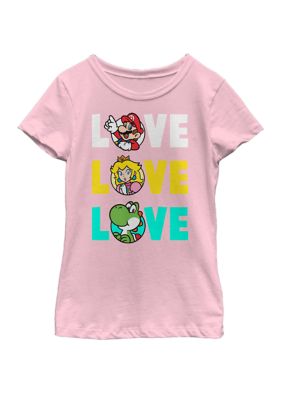 Nintendo Girls 7-16 Super Mario Love Colorful Text Word Stack Group Shot Short Sleeve Graphic T-Shirt, Pink, XSmall