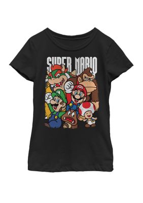 Nintendo Girls 7-16 Super Mario Character Compilation Short Sleeve Graphic T-Shirt, Black, X-Large