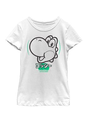 Nintendo Girls 7-16 Super Mario Yoshi Silhouette Kanji Style Short Sleeve Graphic T-Shirt, White, Large