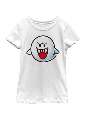 Nintendo Girls 7-16 Super Mario Boo Face Short Sleeve Graphic T-Shirt, White, Large