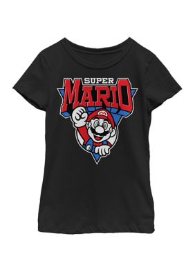 Nintendo Girls 7-16 Super Mario Red White Blue Team Mario Short Sleeve Graphic T-Shirt, Black, Large