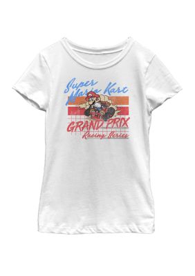 Nintendo Girls 7-16 Mario Kart Racing Retro Drift Distressed Short Sleeve Graphic T-Shirt, White, Small
