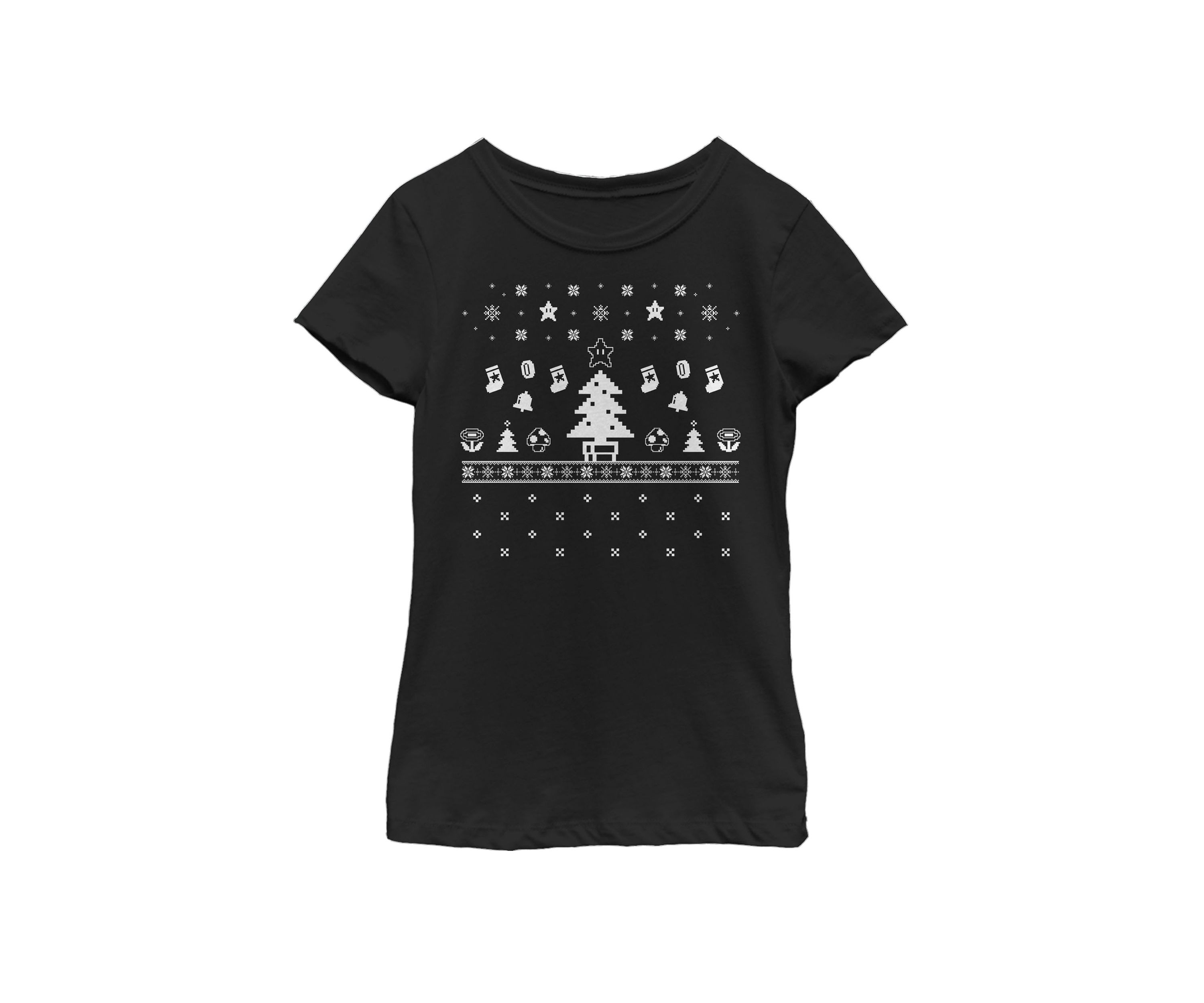 Girls 7-16 Super Mario Stars Mushrooms Ugly Christmas Short Sleeve Graphic T-Shirt 