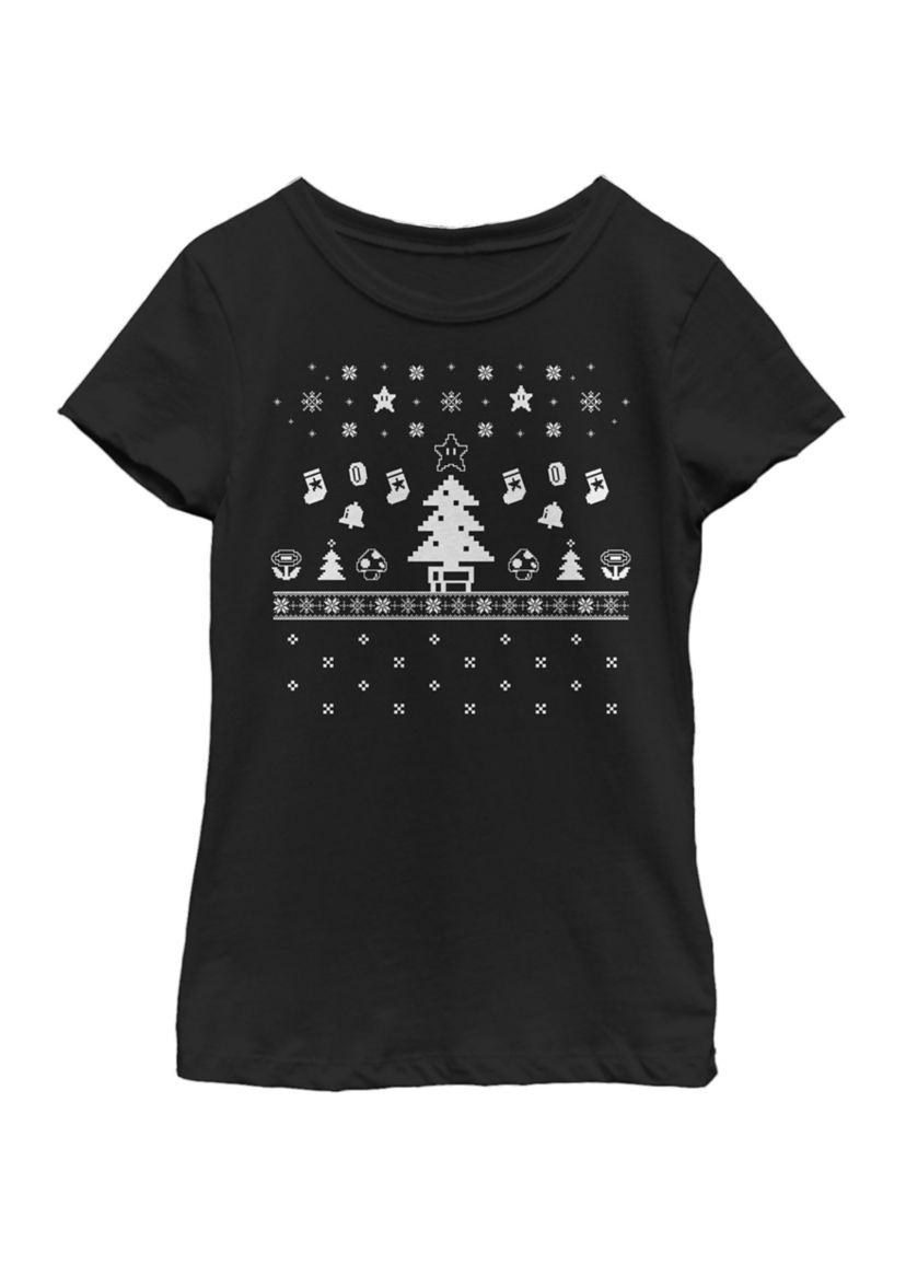 Girls 7-16 Super Mario Stars Mushrooms Ugly Christmas Short Sleeve Graphic T-Shirt 