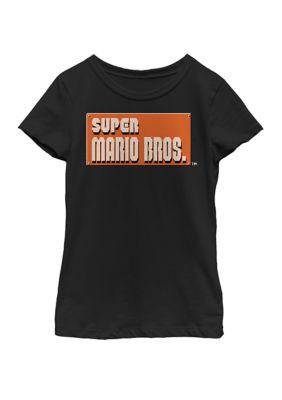 Nintendo Girls 7-16 Super Mario Orange Boxed Logo Short Sleeve Graphic T-Shirt, Black, Small